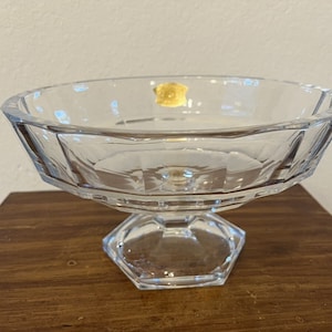 Val St Lambert Bowl -1980s Cristal Depose Pedestal Bowl-Footed SGND & LABEL