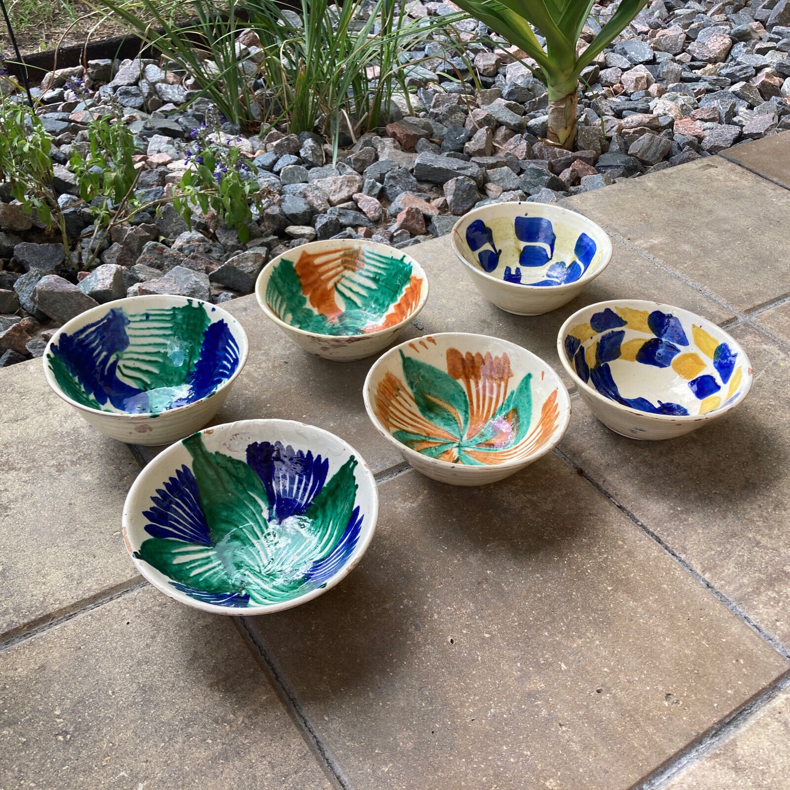 Antique Spanish Bowls Set of 6 Fajalauza Glazed & Handpainted Terra
