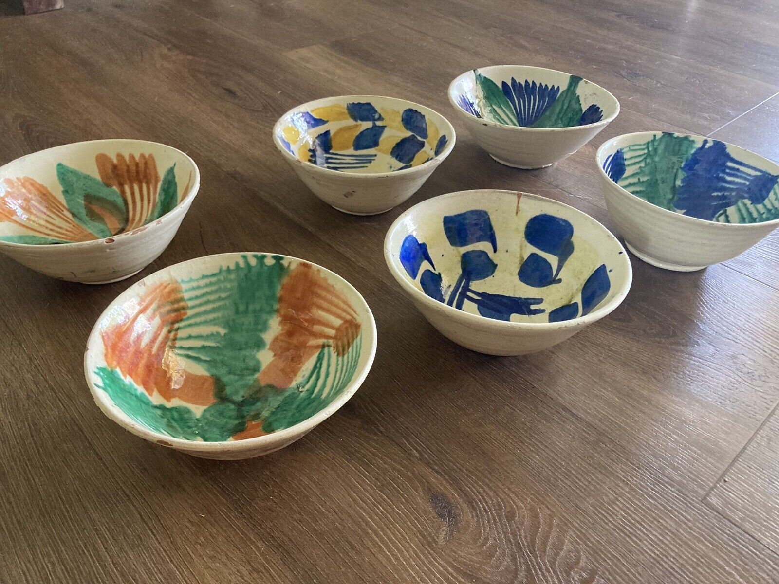 Antique Spanish Bowls Set of 6 Fajalauza Glazed & Handpainted Terra