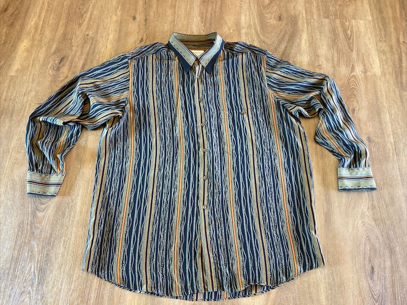 Men's Pure 100% Silk Shirt Vtg PANCALDI & B Men's Long Sleeved SZ XL-1970s-80s image 1