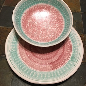 Solimene Vietri Pottery - Charger & Bowl Set- Pink/Aqua Majolica ITALY