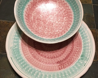 Solimene Vietri Pottery - Charger & Bowl Set- Pink/Aqua Majolica ITALY
