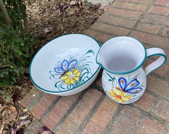 VTG Majolica Italian Pottery Pitcher and Large Bowl - Flowers - Butterflies