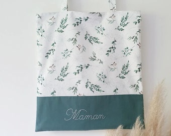 Personalized handmade tote bag in eucalyptus cotton poplin, ideal Mother's Day gift, granny's day, women's gifts