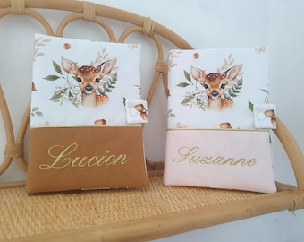 Personalized baby health record book cover with name, deer theme, forest animals, gift idea for a birth or christening