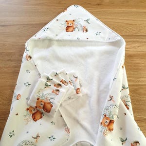 White bamboo terry teddy bear bath cape with personalized name embroidery, bathrobe, birth gift
