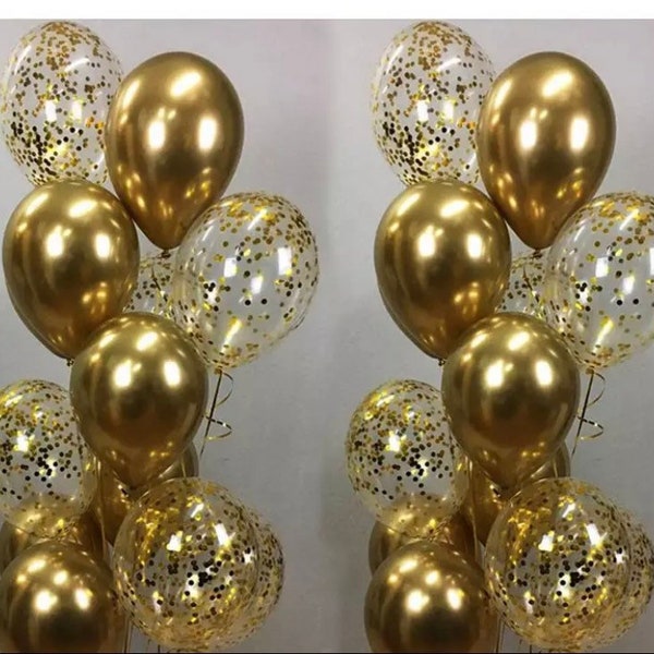 15pcs Chrome Gold Balloons and clear Confetti Set Gold balloons for Parties, Birthdays, Wedding Decorations, New Year Decor