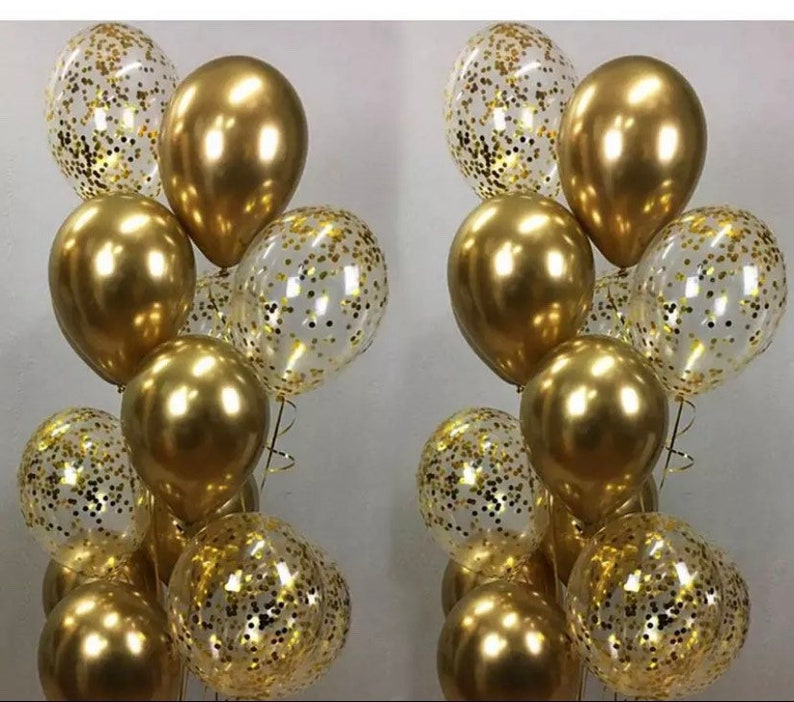 15pcs Chrome Gold Balloons and clear Confetti Set Gold balloons for Parties, Birthdays, Wedding Decorations, New Year Decor image 1