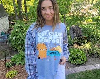 Upcycled Flannel shirt & T-shirt - Repurposed - Rescued clothing - Oversized unique top - Garfield - Funny shirt - Eat, Sleep, Repeat