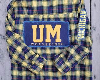 Woman's size XL upcycled fleece lined flannel shirt w/ pre-owned Michigan Wolverines shirt graphics gift for any lady UM fan, student