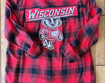 Woman's size Medium upcycled flannel shirt w/ pre-owned Wisconsin Badgers shirt graphics - gift for any WI Badgers student, alumni, fan