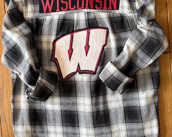 Woman's size 2X upcycled flannel shirt w/ pre-owned Wisconsin Badgers shirt graphics - gift for any WI Badgers football fan or student