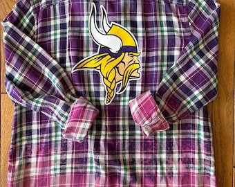 Woman's size XL Upcycled plaid shirt w/ pre-owned Minnesota Vikings shirt graphics unique gift for any Minnesota Vikings football fan