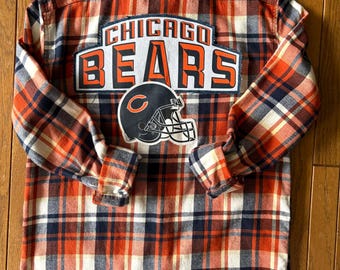 Men's size Large upcycled flannel shirt w/ pre-owned Chicago Bears shirt graphics - gift for any Chicago Bears football fan
