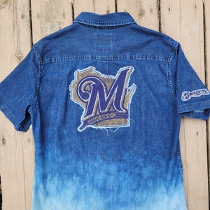 Men&#39;s size M upcycled short sleeve denim shirt w/ pre-owned Milwaukee Brewers shirt graphics gift for any lady Milwaukee Brewers fan