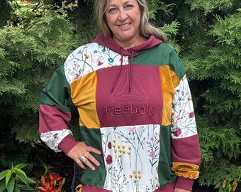 Upcycled patchwork hoodie Reworked Reebok logo Oversized sweatshirt L Wearable Art Boho color block sweatshirt Patchwork sweatshirt