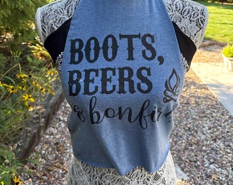 Upcycled bandana halter top size S/M - Boots, Beer and Bonfires shirt - country concert top - cropped bandana halter