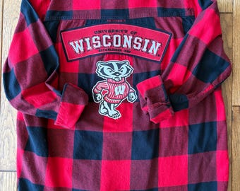 Woman's size XL upcycled flannel shirt w/ pre-owned Wisconsin Badgers shirt graphics - gift for any WI Badgers football fan or student