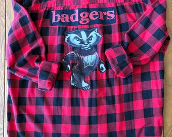 Men's size 2X upcycled flannel shirt w/ pre-owned Wisconsin Badgers shirt graphics - gift for any WI Badgers football fan or student