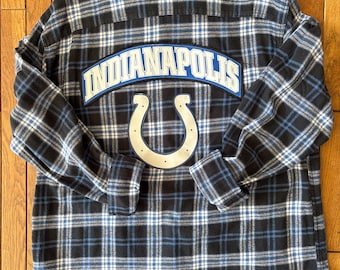 Men's size XL Upcycled flannel shirt w/ pre-owned Indianapolis Colts shirt graphics - unique gift for any Indianapolis Colts football fan