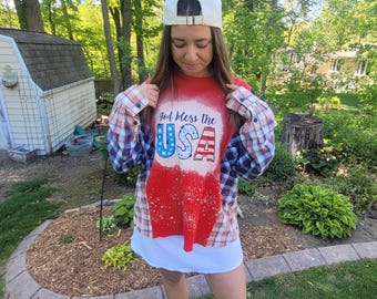 Upcycled Flannel & T-shirt - 4th of July - Rescued clothing - Oversized top - Men's M tee - God Bless the USA - America's 250th birthday