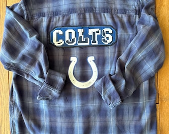 Men's size L Upcycled flannel shirt w/ pre-owned Indianapolis Colts shirt graphics - Unique gift for any Indianapolis Colts football fan
