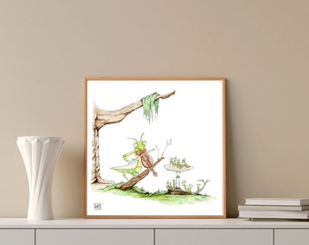 Praying Mantis Violinist Art Print: Whimsical Watercolor Illustration (8x8)