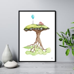 May include: Watercolor art print of a whimsical floating island with a tree trunk base. The island features green grass, rocks, and small red mushrooms. A person is holding a blue balloon. The artwork is framed in a black frame.