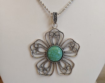 Turquoise Flower Necklace and Earrings Set, Southwest Style