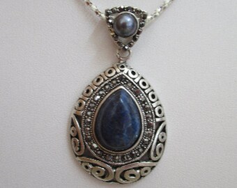 Gorgeous Blue and Antique Silver Teardrop Necklace and Earrings