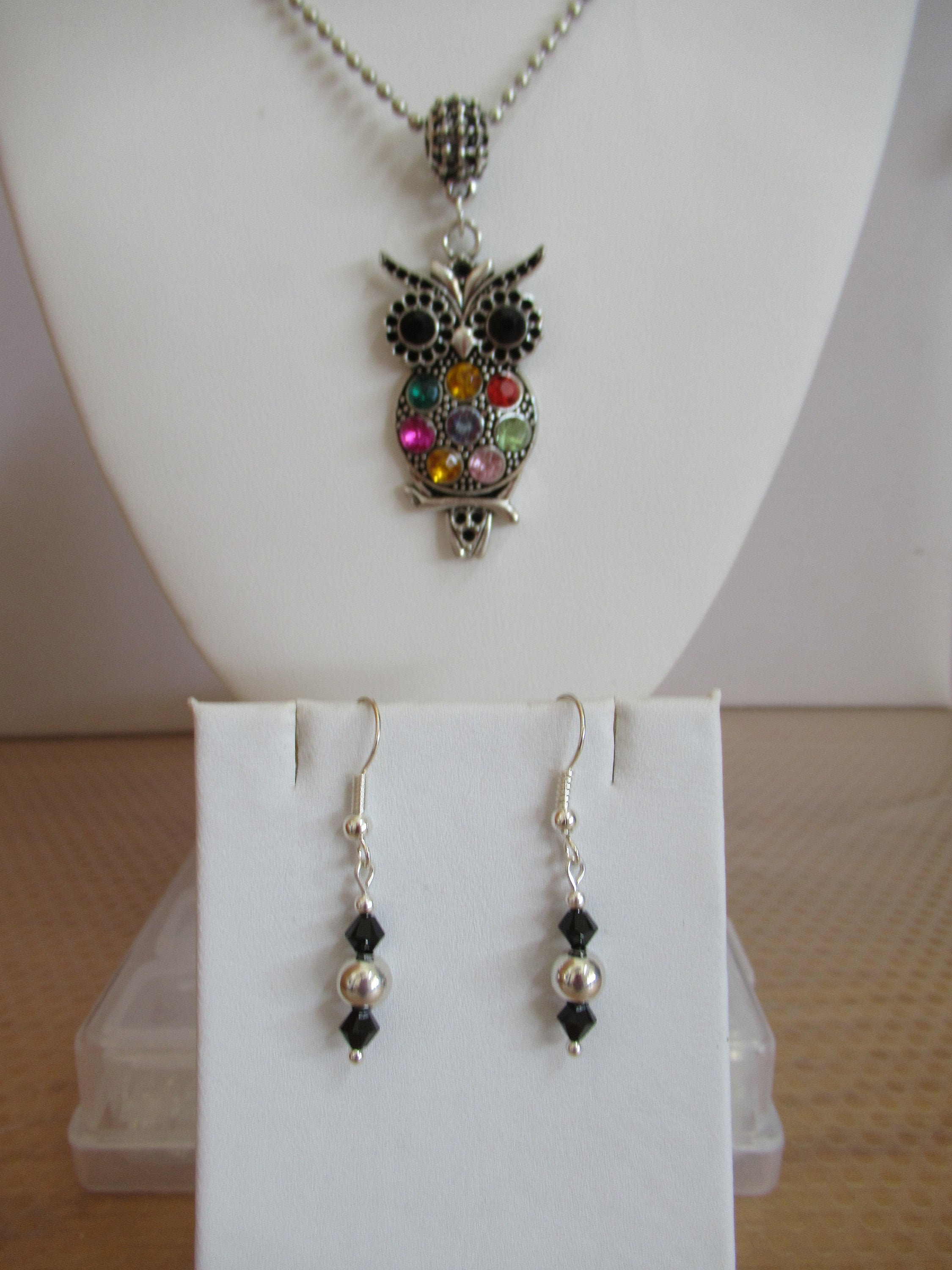 Whimsical Silver Owl with Multi-Colored Crystal Accents Necklace and Earring Set