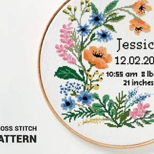 Padrão de ponto cruz para anúncio de nascimento de guirlanda floral | Amostra de flores para bebês | Decoração para quarto de bebê | Gráfico em PDF