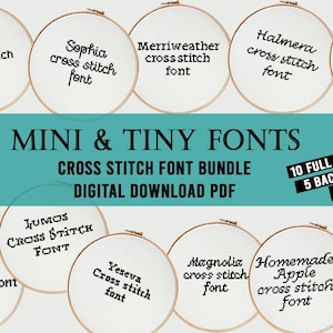 Paquete de fuentes para punto de cruz: 10 estilos de alfabeto mini y diminutos + 5 fuentes para punto atrás (PDF)
