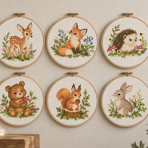 Woodland Animals Cross Stitch Patterns Bundle, 6 Forest Animals, Fox Deer Bear Rabbit Hedgehog Squirrel, Counted Cross Stitch PDF