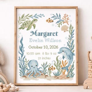 May include: A framed watercolor print featuring an underwater scene with a turtle, dolphin, and octopus. The print includes the name "Margaret", birth details, and is surrounded by aquatic plants. A plush bunny, wooden rainbow, and decorative basket are also in the image.