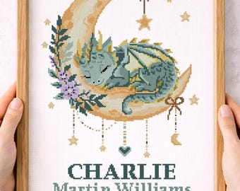 Dragon Birth Announcement Cross Stitch Pattern, Fantasy Baby Sampler, Personalized Nursery Decor PDF