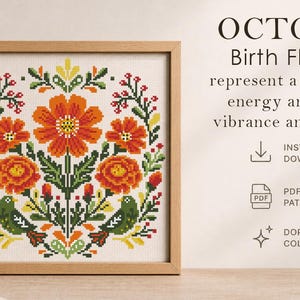 May include: A framed cross-stitch pattern featuring October birth flowers in vibrant orange, red, green, and yellow. The design includes floral elements and the text "OCTOBER Birth Flowers". The artwork is displayed with dried wheat in a vase.