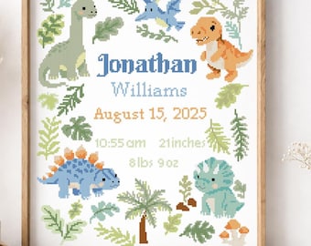 Dinosaurus geboorteaankondiging kruissteekpatroon pdf, babynaam sampler, kinderkamer dino ontwerp, gepersonaliseerd cadeau pasgeborene, eenvoudig borduren
