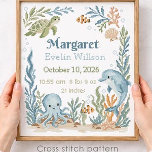 Sea Animals Birth Announcement Cross Stitch Pattern PDF, Ocean Baby Sampler, Personalized Name Date, Turtle Dolphin Nursery Gift