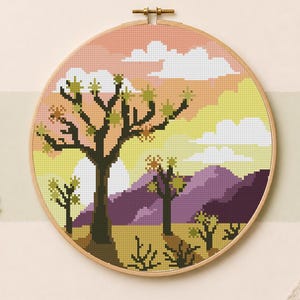 Joshua Tree National Park Cross Stitch Pattern, Desert Landscape PDF, Modern Nature Embroidery Design, Mountain Sunset Hoop Art