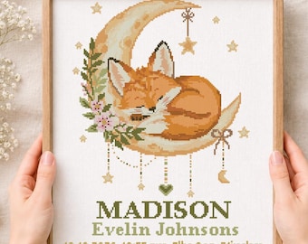 May include: Cross-stitch pattern featuring a sleeping fox on a crescent moon, surrounded by stars and floral accents. The framed artwork includes the name "MADISON" and birth details: 8lbs 9oz, 21 inches. The text "Cross stitch pattern Instant download PDF" is also included.