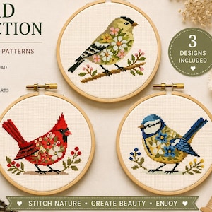 鳥のクロスステッチパターンセット、カーディナル、ブルータートル、ゴシキヒワ、花柄の鳥の刺繍PDFバンドル、コテージコアの壁飾り、即時ダウンロード