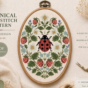 May include: An oval wooden embroidery hoop containing a cross stitch pattern of a red ladybug surrounded by green leaves, red strawberries, and small white flowers. The text reads BOTANICAL CROSS STITCH PATTERN, OVAL DESIGN, PDF DOWNLOAD, EASY TO STITCH, MODERN & MINIMAL, FOR ALL LEVELS, INSTANT DOWNLOAD, Start stitching today.