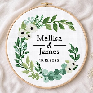 Greenery Wreath Cross Stitch Pattern, White Roses Floral Wedding Embroidery (PDF)
