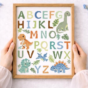 Dinosaurs Alphabet Cross Stitch Pattern, ABC Dino Sampler PDF, Nursery Baby Pattern, Kids Learning Embroidery, Dinosaur Nursery Decor