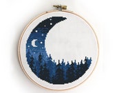 Landscape in half of moon counted cross stitch pattern forest mountains wood tree stars sky - Cross Stitch Pattern (Digital Format - PDF)