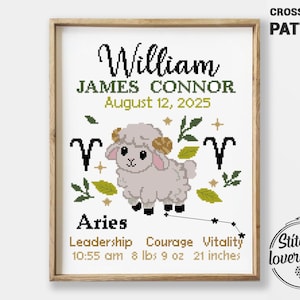Patrón de punto de cruz para anunciar el nacimiento de Aries (PDF) / Muestra de bebé con el signo del zodiaco / Diseño moderno DIY / Gráfico de punto de cruz contado