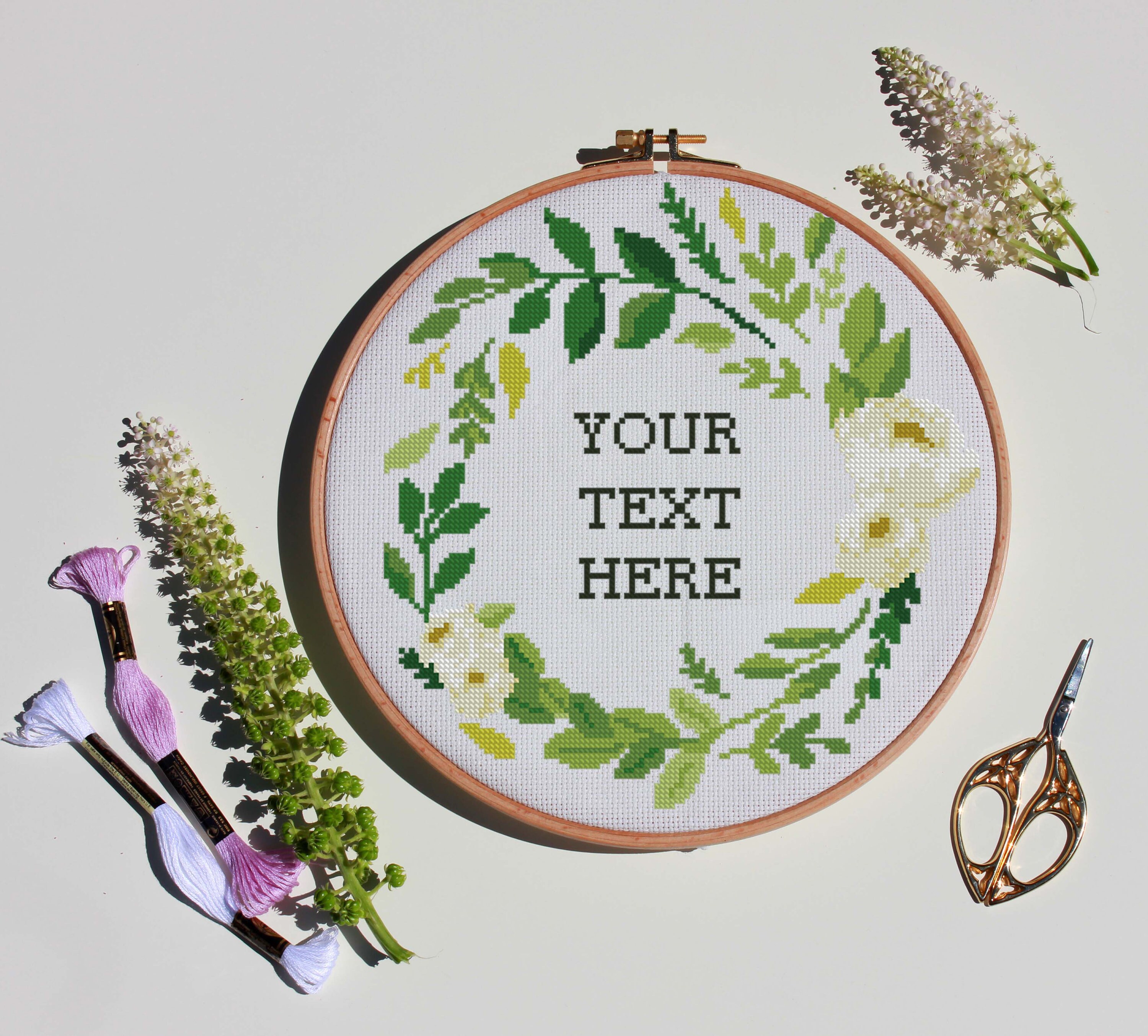 Custom Text Cross Stitch Pattern Your Text Here Wreath Floral Etsy