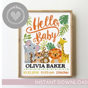 Padrão de ponto cruz "Olá, bebê" em PDF | Design fácil para anúncio de nascimento | Amostra de bebê faça você mesmo | Gráfico de ponto X contado