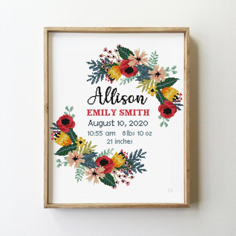 Cross Stitch Pattern Floral wreath birth announcement counted cross stitch pattern baby nursery personalized custom Digital Format - PDF